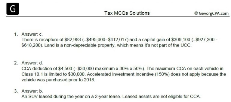Worked Tax MCQ solutions showing recapture, capital gain and CCA calculations