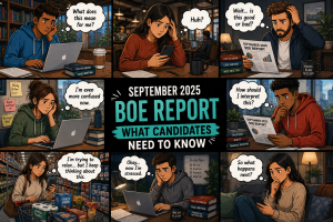 Comic illustration of stressed CPA candidates reacting to the September 2025 CFE BOE report